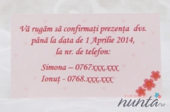 Card de confirmare roz cu inimioare si floricele Sweet Pink