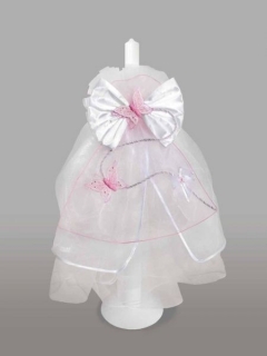 Lumanare pentru botez cu funda alba si fluturasi roz