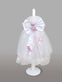 Lumanare pentru botez cu funda alba si ursulet roz
