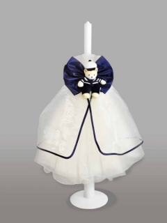 Lumanare pentru botez cu funda albastra si ursulet marinar