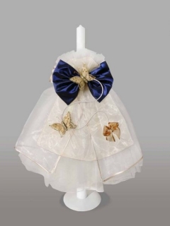 Lumanare pentru botez cu funda bleumarin si fluturasi aurii