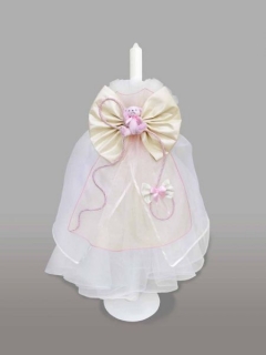 Lumanare pentru botez cu funda crem si ursulet roz
