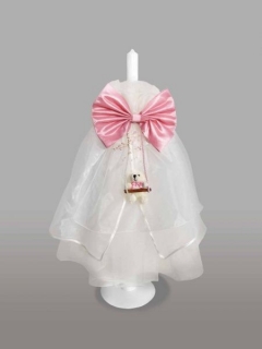 Lumanare pentru botez cu funda roz si ursulet in leagan