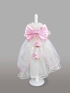 Lumanare pentru botez cu funda roz si ursuleti in leagan