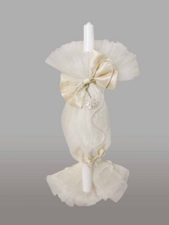 Lumanare pentru botez cu funde crem si coroana breloc