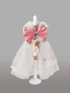 Lumanare pentru botez cu fundita roz si ursulet