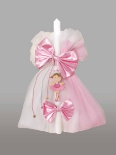 Lumanare pentru botez cu fundite roz si balerina