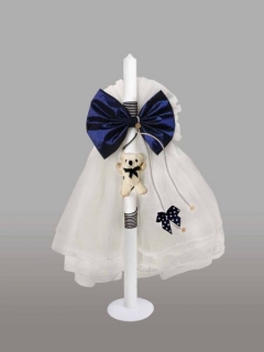 Lumanare pentru botez cu funda bleumarin si ursulet