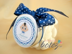 Marturie de botez borcanas cu funda albastra cu buline si bebe