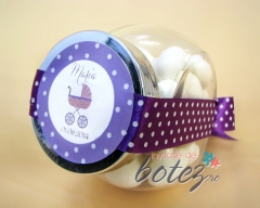 Marturie de botez borcanas cu funda mov cu buline si carucior