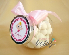 Marturie de botez borcanas cu funda roz si bebe