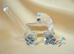 Marturie de botez carucior din sticla cu ornamente bleu