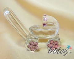 Marturie de botez carucior din sticla cu ornamente roz