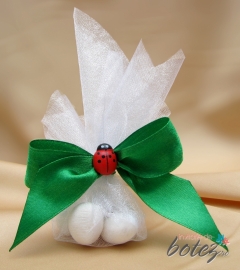 Marturie punguta cu bomboane cu funda verde si buburuza