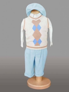 Set costumas bleu cu vesta in carouri