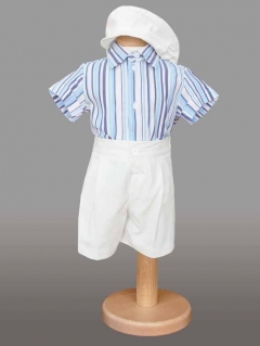 Set costumas pantaloni albi cu camasa in  dungi si basca